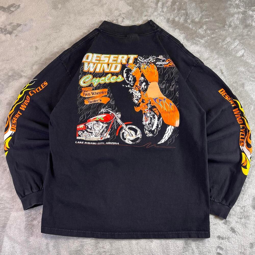 Vintage Y2K Desert Wind Cycles Long Sleeve T Shirt Mens Large Flame Motorcycle